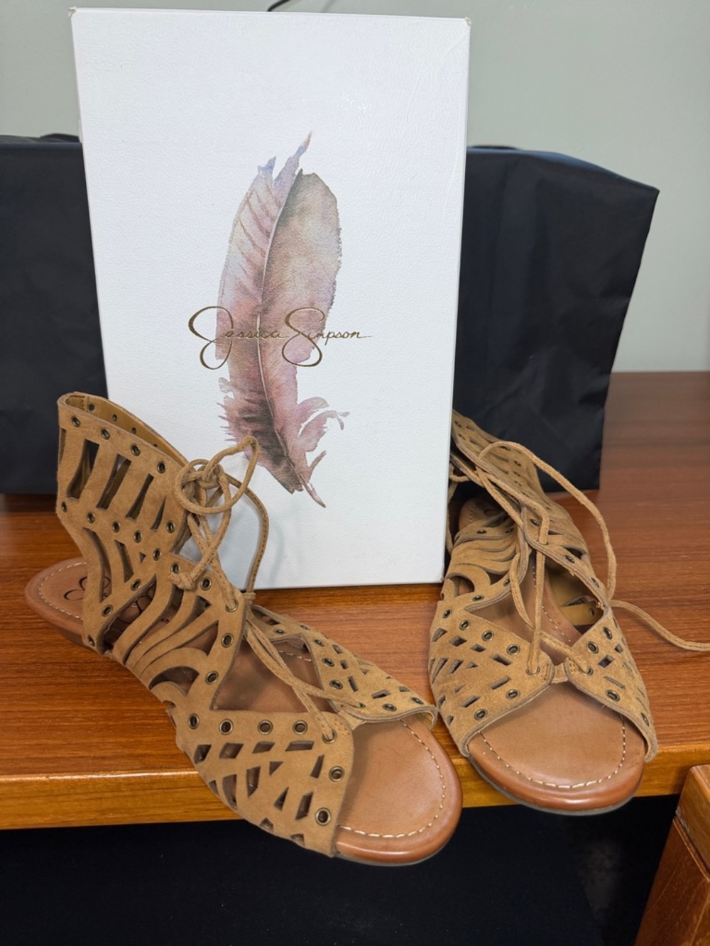 Jessica Simpson Cutout Lace-Up Suede Sandals in Tan